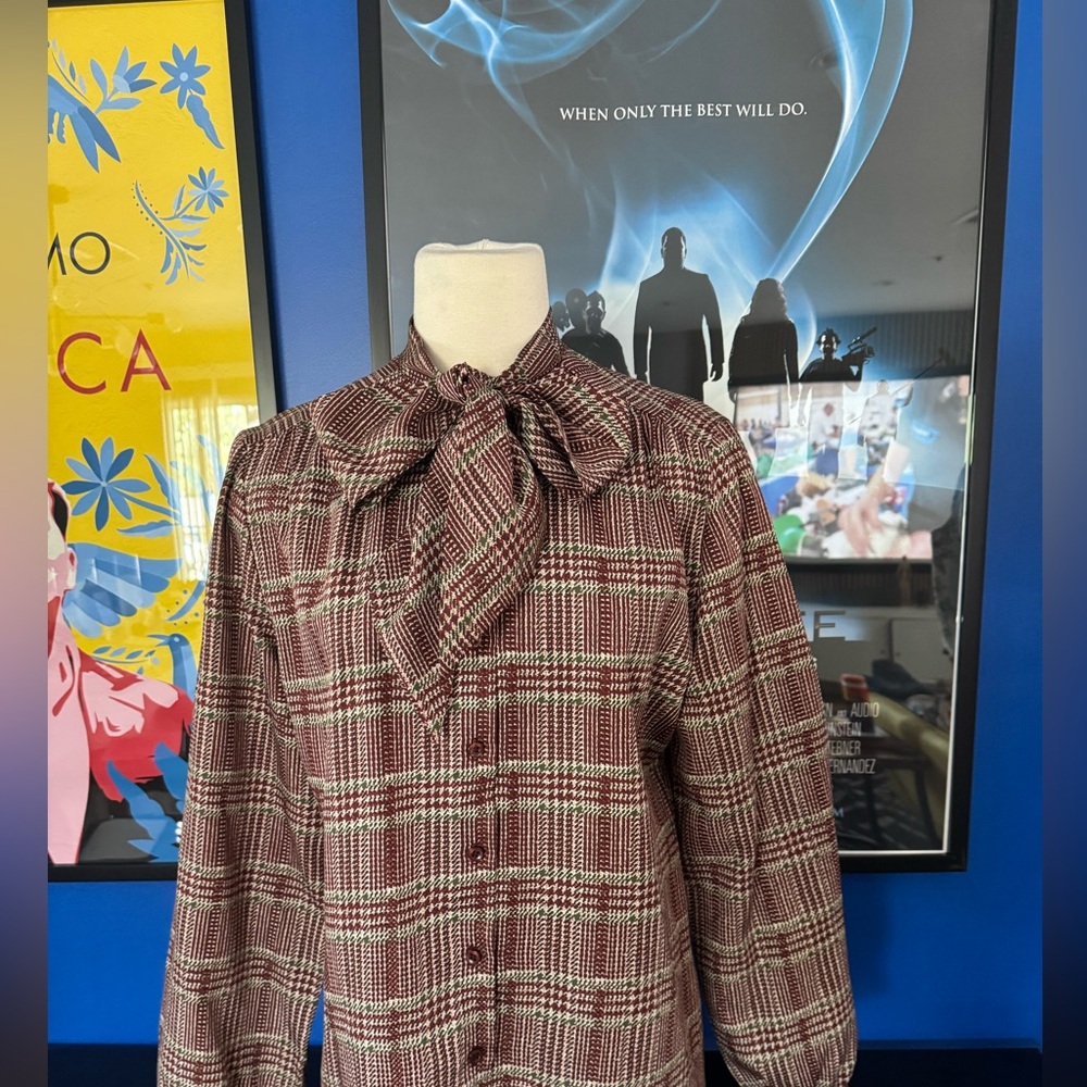 Plaid Women's Blouse with Bow Tie - Picture 6 of 6